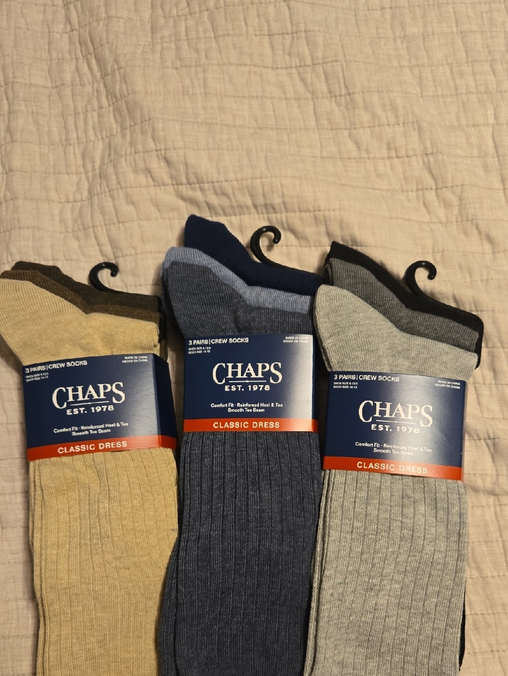 Chaps Classic Dress Crew Socks - Tan, Navy, Gray (3-Pack)